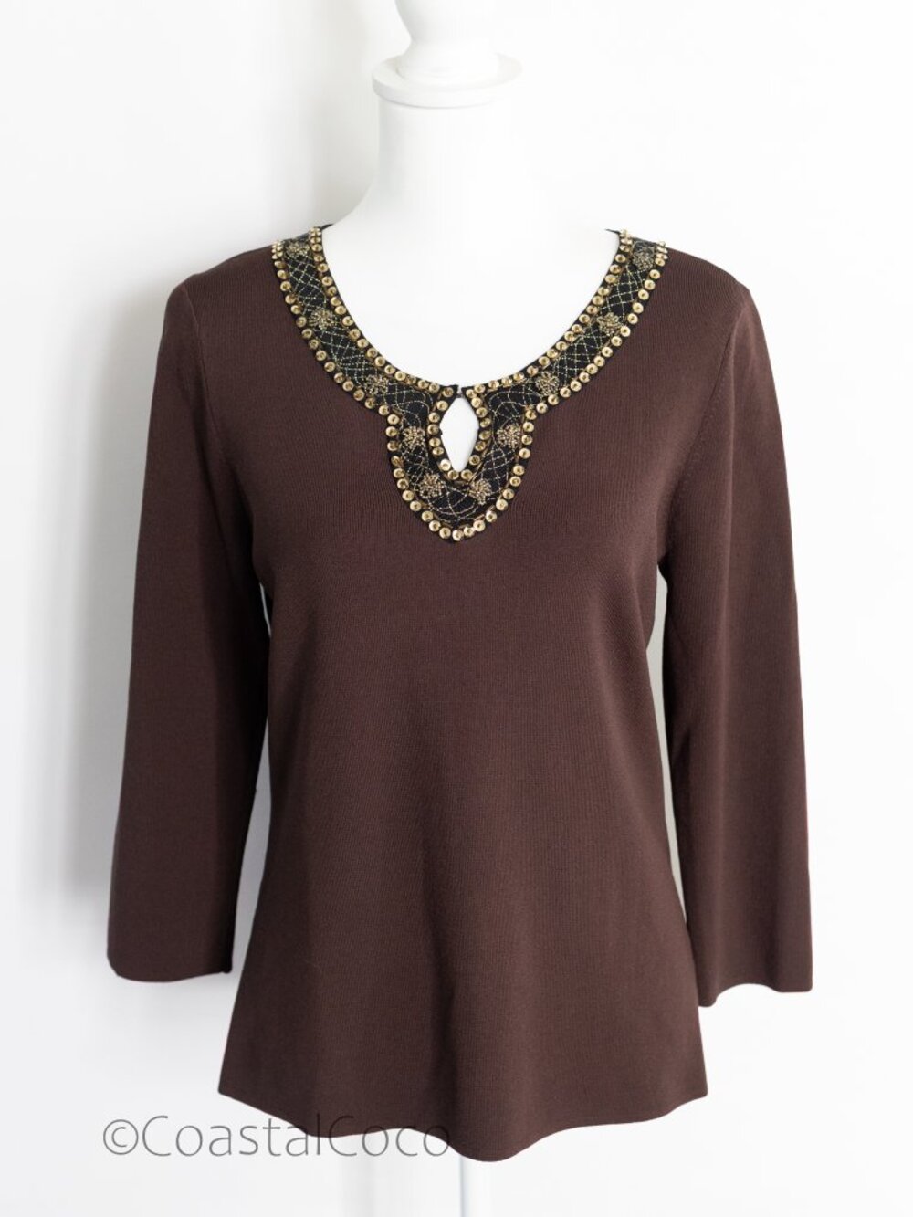 Cable & Gauge Cocoa Gold Top L Sequin Brown Viscose Office Cocktail Preppy NWT
